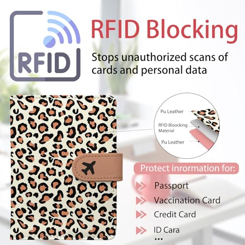 Passport Holder, Cute Travel Wallet Cover with RFID Blocking,Leopard - color: J-Leopard