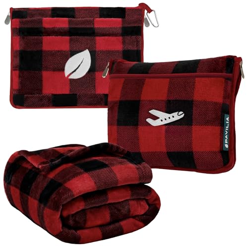PAVILIA Travel Blanket and Pillow, Soft Ribbed Fleece Airplane, Plaid Red - color: Checkered Red