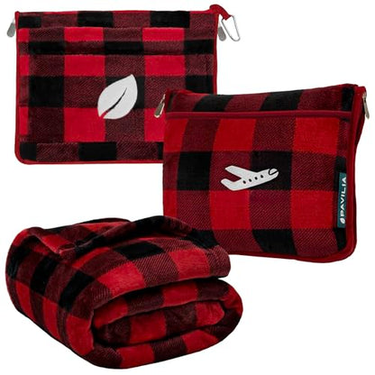 PAVILIA Travel Blanket and Pillow, Soft Ribbed Fleece Airplane, Plaid Red - color: Checkered Red