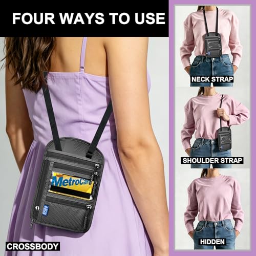 Passport Holder for Travel-RFID Blocking Neck Wallet-Money Pouch - color: Dark Grey