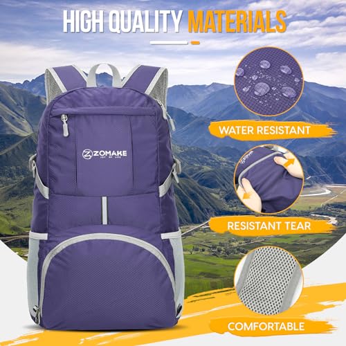 ZOMAKE Lightweight Packable Backpack 35L, Water Resistant Foldable Day Pack - color: C-purple