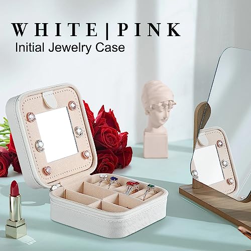 Parima White Jewelry Box for Women - Personalized Travel Chenille Letter Patches Jewelry Case, Multifunctional, Includes Ring Holder, Necklace Pocket - Ideal Birthday Gift - color: “White, size: D