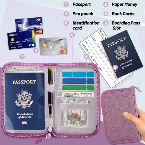 Passport Holder for Travel, RFID Blocking Wallet for Couples Men and Family - color: Purple