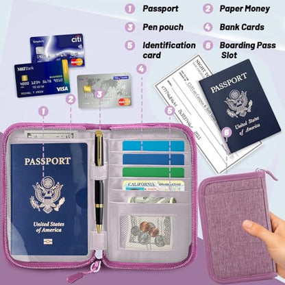 Passport Holder for Travel, RFID Blocking Wallet for Couples Men and Family - color: Purple