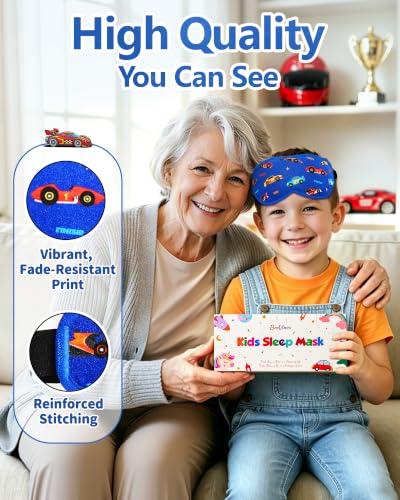 BeeVines Kids 3D Contoured Sleep Mask, 100% Blackout Sleeping Eye Masks for Boys, Pressure-free Memory Foam Cushioned Eye Cover, Adjustable Strap, for Travel Gifts (Racing Car)