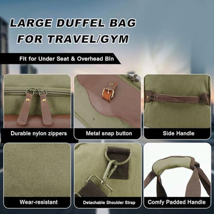 22L Canvas Duffle Bag for Men Lightweight Travel Overnight Carry-On - color: Armygreen