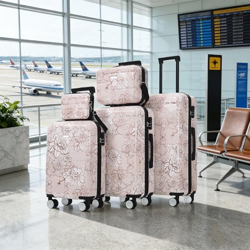 Luggage Sets 5-Piece PC Hardside, Spinner Wheels & 3-Digit Lock - color: Pink Flower