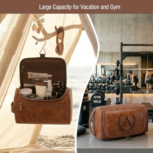 Travel Toiletry Bag Hanging For Mens PU Leather - Yellow Brown (Initial I) - color: Yellow Brown, style: I