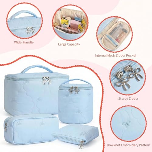AMDAILY 4Pcs Quilted Makeup Bag Set, Bowknot Puffy Makeup Bag w/Bow Zipper - color: Sky Blue