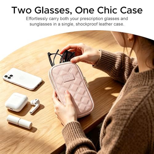 KINIVA Double Eyeglass Case for Men Women, 2-in-1 PU Dual Sunglasses Case, Scratch-Proof Travel Eyeglass Holder for Purse Car - style: Pink Lozenge