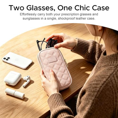 KINIVA Double Eyeglass Case for Men Women, 2-in-1 PU Dual Sunglasses Case, Scratch-Proof Travel Eyeglass Holder for Purse Car - style: Pink Lozenge