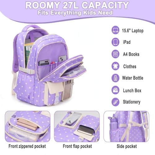Girls Backpack Set 3PCS Ages 6-12, Kids School Backpack - color: Purple Heart