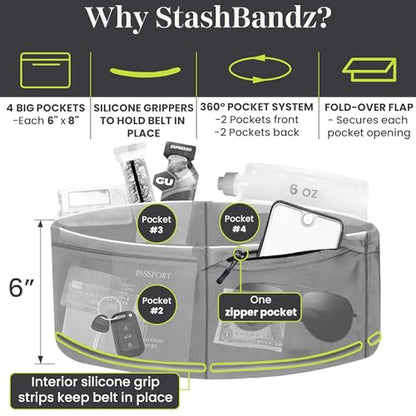 StashBandz Running Belt, Money Belt, 4-Pocket Phone Holder with Zipper - color: Black, size: Large