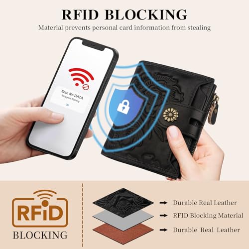 Womens Wallet,RFID Blocking Leather Wallet Womens Bifold Card Holder Small Compact Wallet for Women with Removable ID Window(yhblack) - color: c2-embossed black