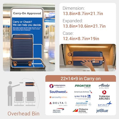 Kono Carry-On Suitcase 20in Expandable ABS+PC Airline Approved Navy/Brown - color: Navy, size: Carry-On 20-Inch