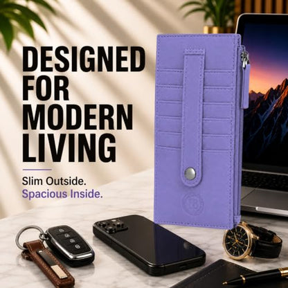 Leatherboss Genuine Leather Women's All in One Credit Business Card Case Holder Slim Zipper Wallet With a Card Protection Strap, Purple - color: Purple