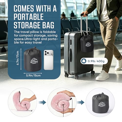 SkytraxComf® Travel Neck Pillow with Hood for Privacy on Long Flights - color: Pink