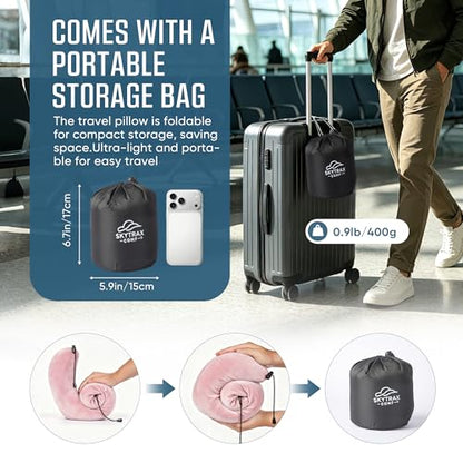 SkytraxComf® Travel Neck Pillow with Hood for Privacy on Long Flights - color: Pink