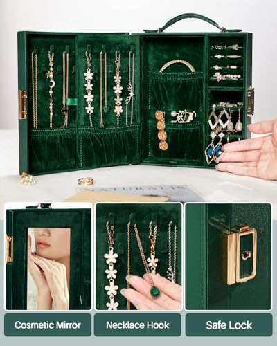 Enthralite Portable Travel Jewelry Case: Jewelry Box with Lock and Mirror - color: Dark Green