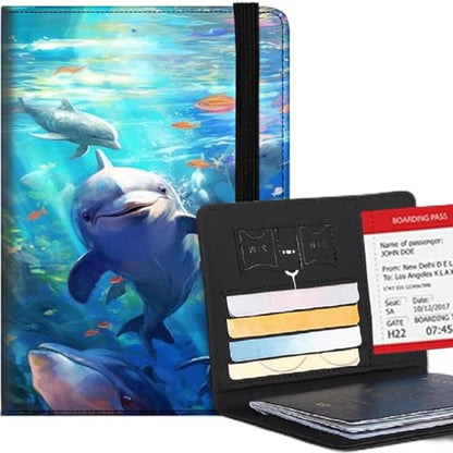 Bxgolkgd Passport Cover,RFID Blocking,Large Capacity Multi-Slot Travel Passport Wallet for Men & Women - Cute Dolphin - color: Cute Dolphin