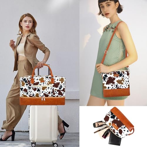 ITIEZY Weekender Bag for Women 21.5" Travel Duffel Large Carry On Bag 3PCS - color: 5-Brown Cow