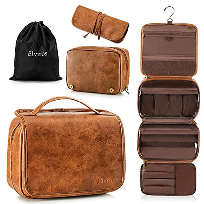 Elviros Hanging Toiletry Bag for Men PU Leather Shaving Dopp Kit (Brown) - color: Brown, size: 1 Pack