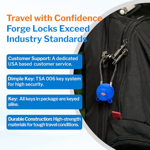 Forge TSA Approved Luggage Locks Ultra-Secure Dimple Key Cable Locks for Travel with Zinc Alloy Body- 2 Blue Locks - size: Blue 2 Locks