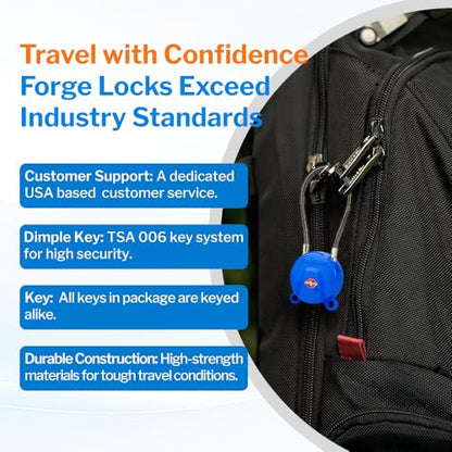 Forge TSA Approved Luggage Locks Ultra-Secure Dimple Key Cable Locks for Travel with Zinc Alloy Body- 2 Blue Locks - size: Blue 2 Locks
