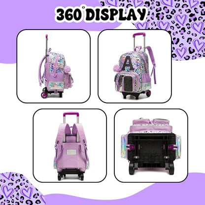 Meetbelify 3 in 1 Backpack with Wheels for Girls Rolling Letter Backpack Cute Carry on Backpack Kids Luggage with Lunch Box Pencil Case for Elementary Student - color: Purple Leapoard