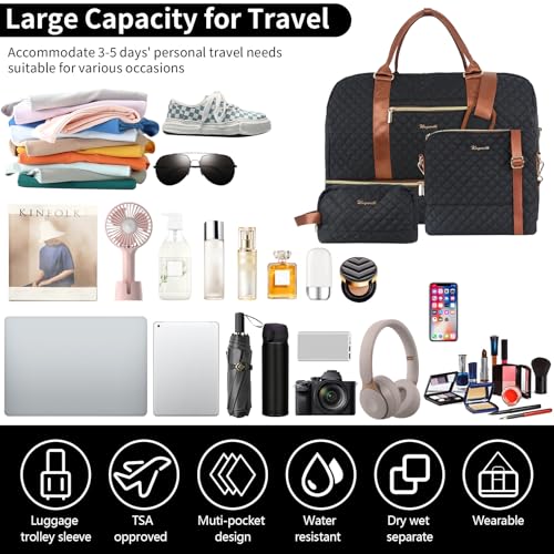 3PCS Weekender Bags for Women Large Overnight Bag, Black - color: Black