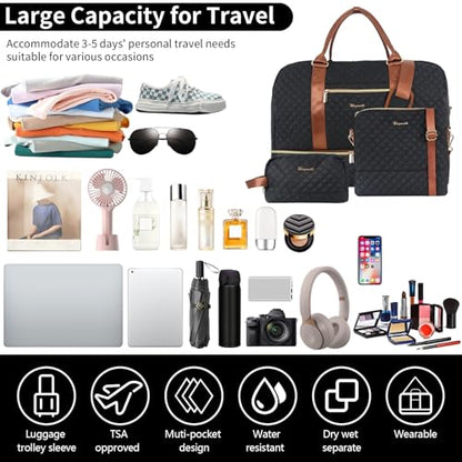 3PCS Weekender Bags for Women Large Overnight Bag, Black - color: Black
