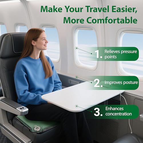 Inflatable Travel Seat Cushion – Self-Inflating Memory Foam Pad for Airplane, Stadium Bleachers, Camping, Hiking & Backpacking – Ultralight Compact & Portable Sitting Cushion (Green) - color: Green