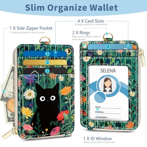Lanyard Wallet with Id Badge Holder Keychain for Card Women Cat - color: Cat Flower Green