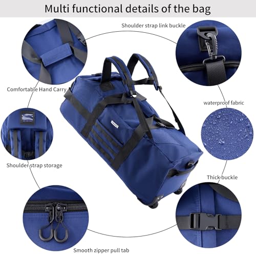 80L Travel Rolling Duffel Bag with wheels, Military Tactical Wheeled Foldable for Deployment Travel Camping Sports - color: Blue