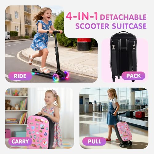 4-in-1 Detachable Scooter Luggage for Kids, Foldable Ride-On Suitcase - color: Pink