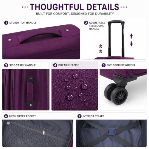 Karriage-Mate 4 Piece Softside Luggage Set with Spinner Wheels, Purple | Expandable Lightweight, Telescopic Handle, Multiple Front Pockets, 20"/24"/28"/32" Nested Travel Luggage Set, - color: Purple