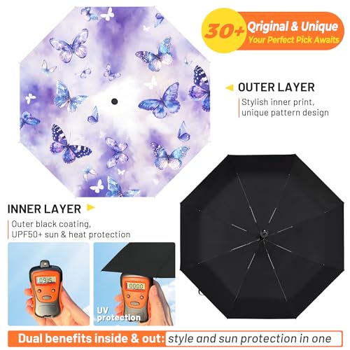 SY COMPACT Travel Umbrella - Windproof Automatic Compact Umbrellas for Rain - color: Purple Butterfly