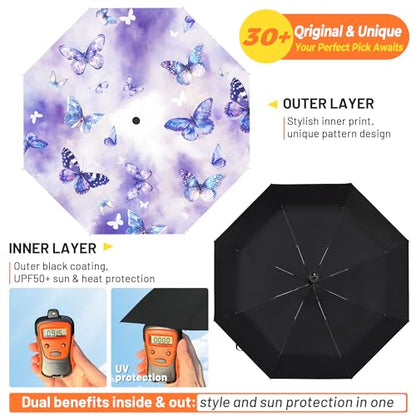 SY COMPACT Travel Umbrella - Windproof Automatic Compact Umbrellas for Rain - color: Purple Butterfly