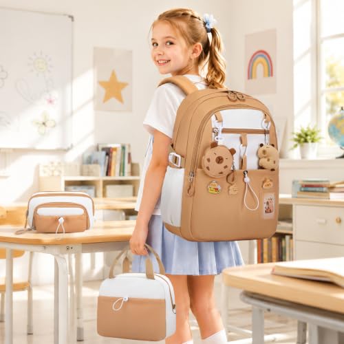 DIGOBAY Backpack for Girls, 5PCS School Bookbag with Lunch Box Pencil Case - color: Brown