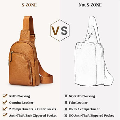 S-ZONE Genuine Leather RFID Blocking Small Sling Bag Women Crossbody Fanny Packs - color: Brown, size: Medium