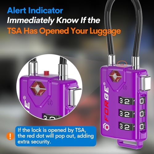 Forge TSA Approved Luggage Locks, Open Alert Cable Lock, Purple, 4 Pack - color: Purple4PK