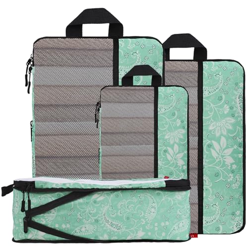 U+U 4 Set Compression Packing Cubes, Travel Organizers (Green Paisley) - color: Green Paisley, size: 4 Set