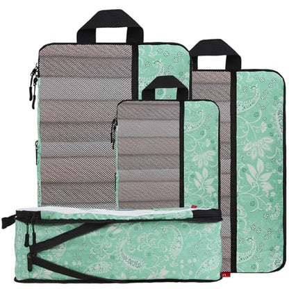 U+U 4 Set Compression Packing Cubes, Travel Organizers (Green Paisley) - color: Green Paisley, size: 4 Set