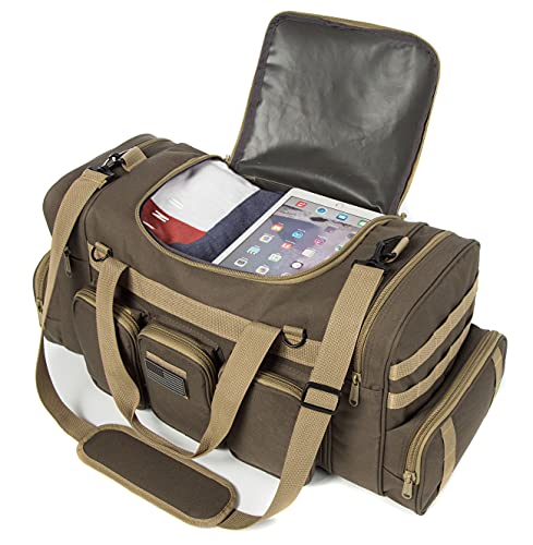 Tactical Range Duffel Heavy Duty Military Molle Gear Travel Sports Gym Bag Lockable Zippers with US Flag Patch (27 In Khaki) - size: 27 Inch Khaki