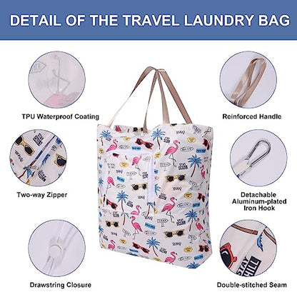 2 Pack Travel Laundry Bag with Handle and Drawstring, Expandable Foldable Dirty Clothes Bags with Hook and Zipper, 23*20 inch, Vacation - color: Vacation