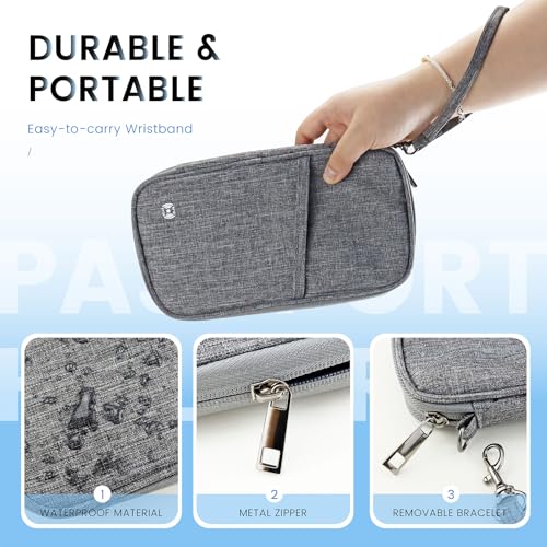 Passport Holder Family, Travel Document Organizer with RFID, Portable Passport Cover Case with Zipper for Cards, Boarding Pass, ID, Money, Tickets (Grey)