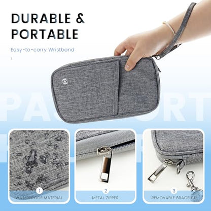 Passport Holder Family, Travel Document Organizer with RFID, Portable Passport Cover Case with Zipper for Cards, Boarding Pass, ID, Money, Tickets (Grey)