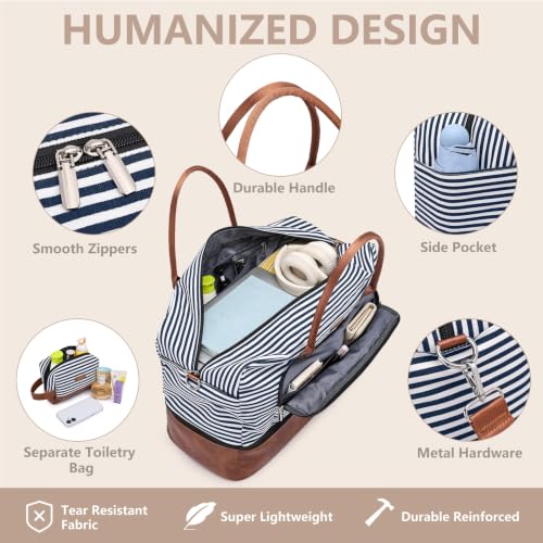 Large Women Travel Weekender Bag: Carry on Duffle with Shoe Compartment - color: Blue Striped