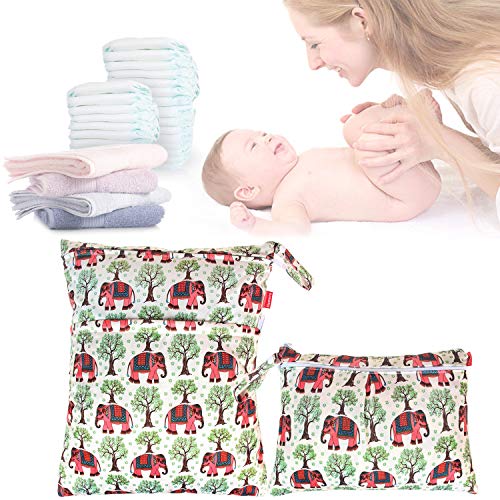 Damero 2Pcs Cloth Diapers Wet Dry Bag, Zippered Organizer, Elephants