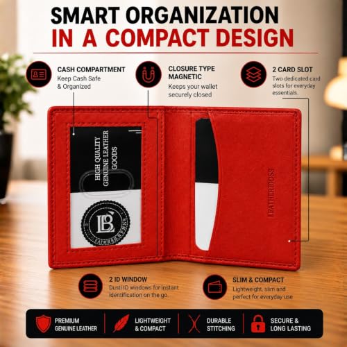 Leatherboss Slim Thin Leather Credit Card Id Mini Wallet Holder Bifold Driver's License Safe (Red) - color: Red